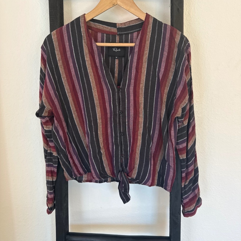 Rails Women XS Striped Front Tie Button Down‎ Blouse Burgundy Purple Long Sleeve